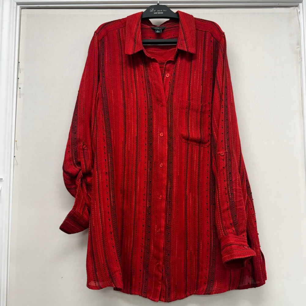 Women's Intro Red Black Striped Button Down Shirt L